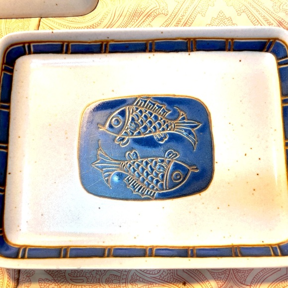 Blue fish sushi plate set of two plus dipping bowl - Picture 2 of 5